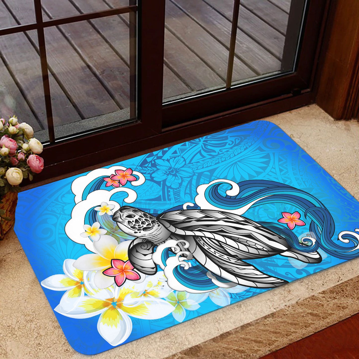 Hawaii Door Mat Turtle With Plumeria Flowers