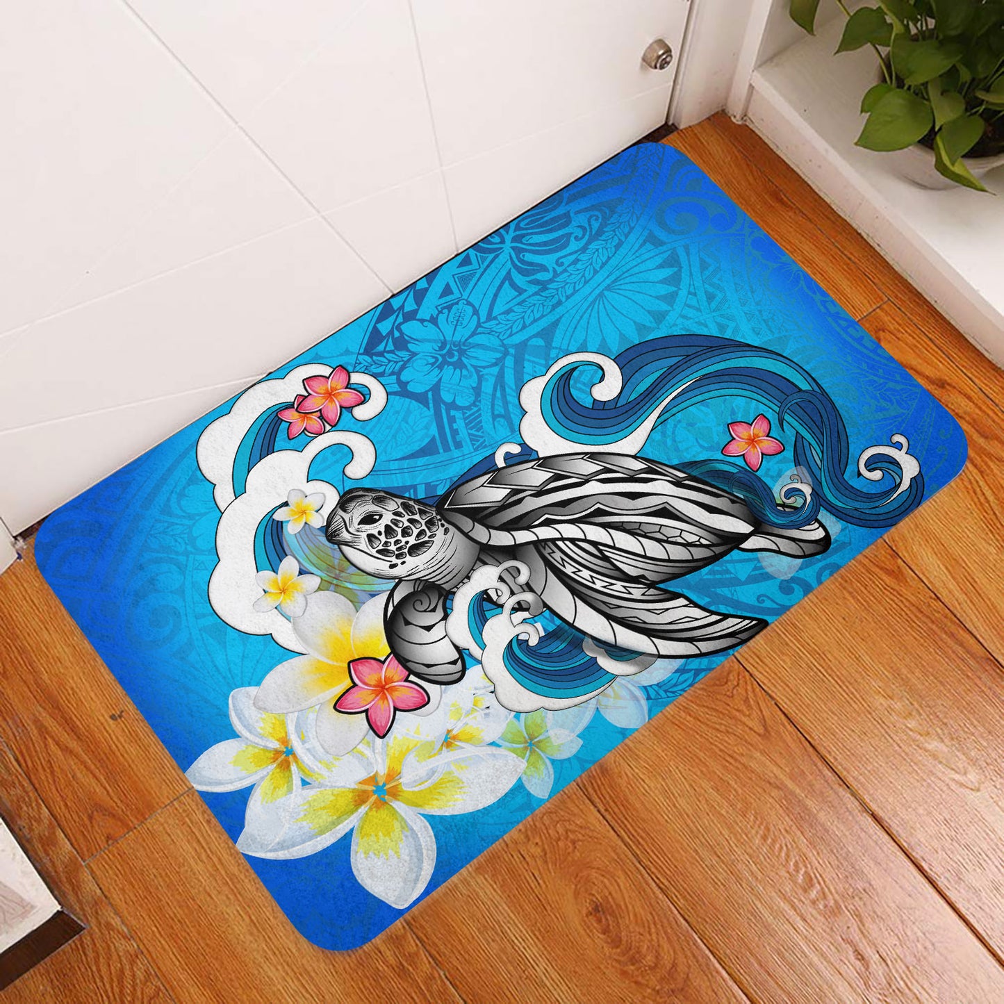 Hawaii Door Mat Turtle With Plumeria Flowers
