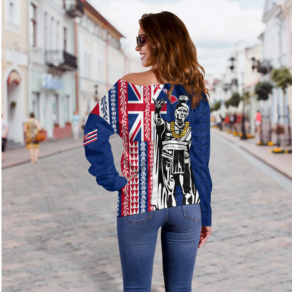 Hawaii Off Shoulder Sweatshirt King Aloha Flag With Flower Lie Beautiful