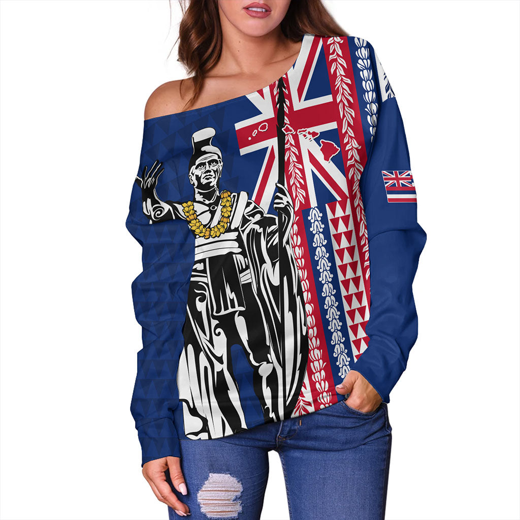 Hawaii Off Shoulder Sweatshirt King Aloha Flag With Flower Lie Beautiful