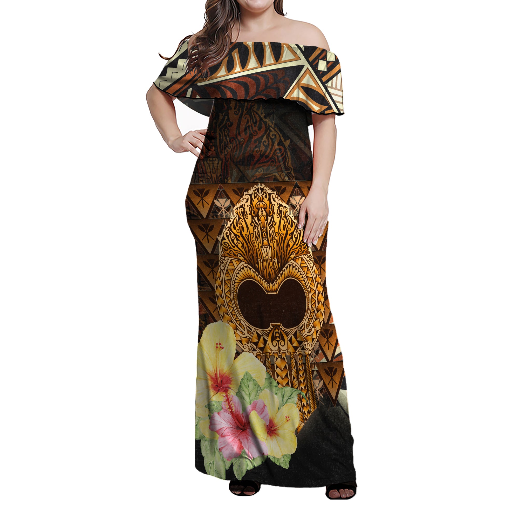 Hawaii Off Shoulder Long Dresses Ikaika Hawaiian With Hibiscus Flowers Retro Style