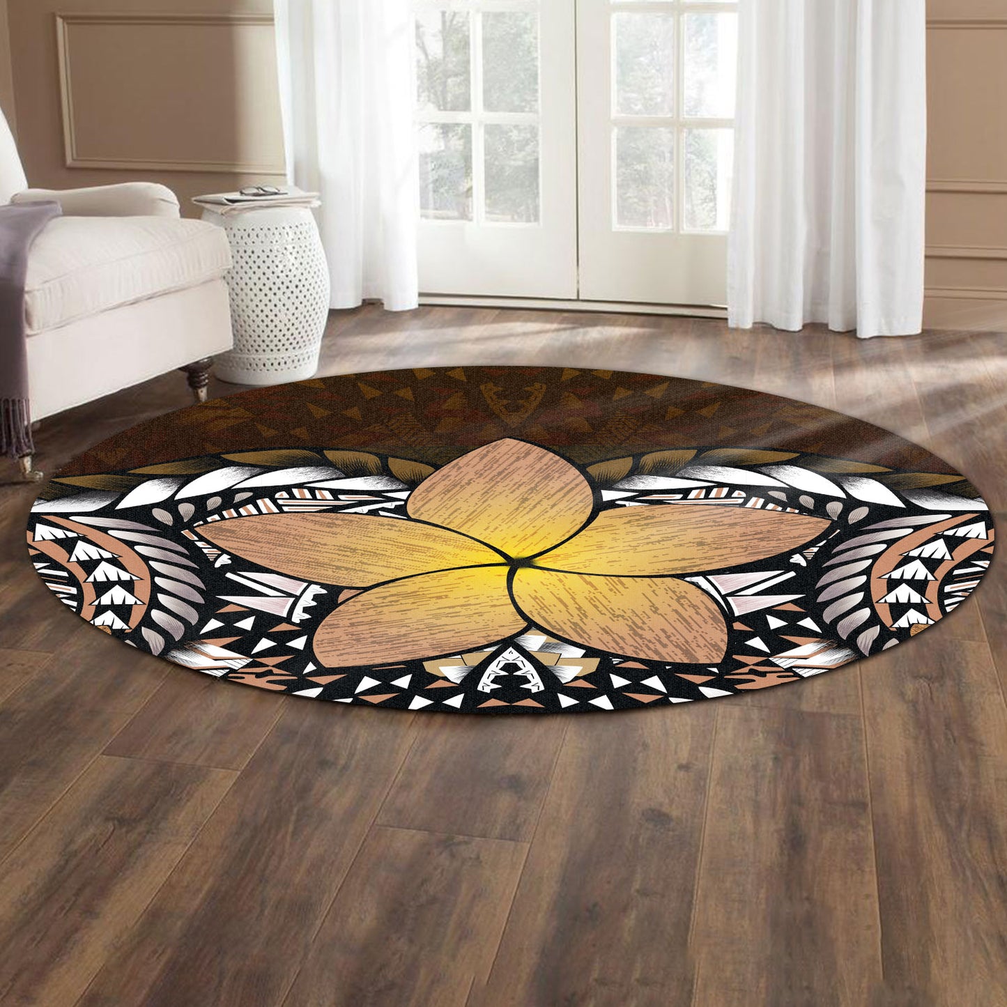Hawaii Round Rug Hawaii Plumeria Polynesian Traditional Patterns Vintage Version