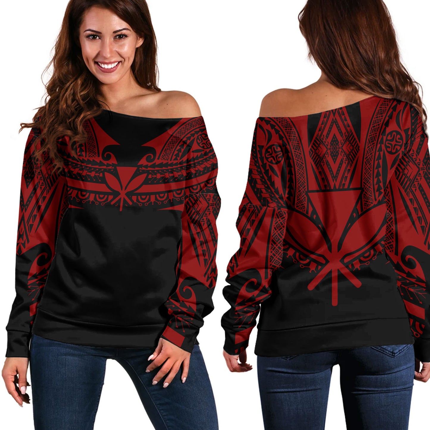 Hawaii Custom Personalised Off Shoulder Sweatshirt Polynesian Tattoo Style