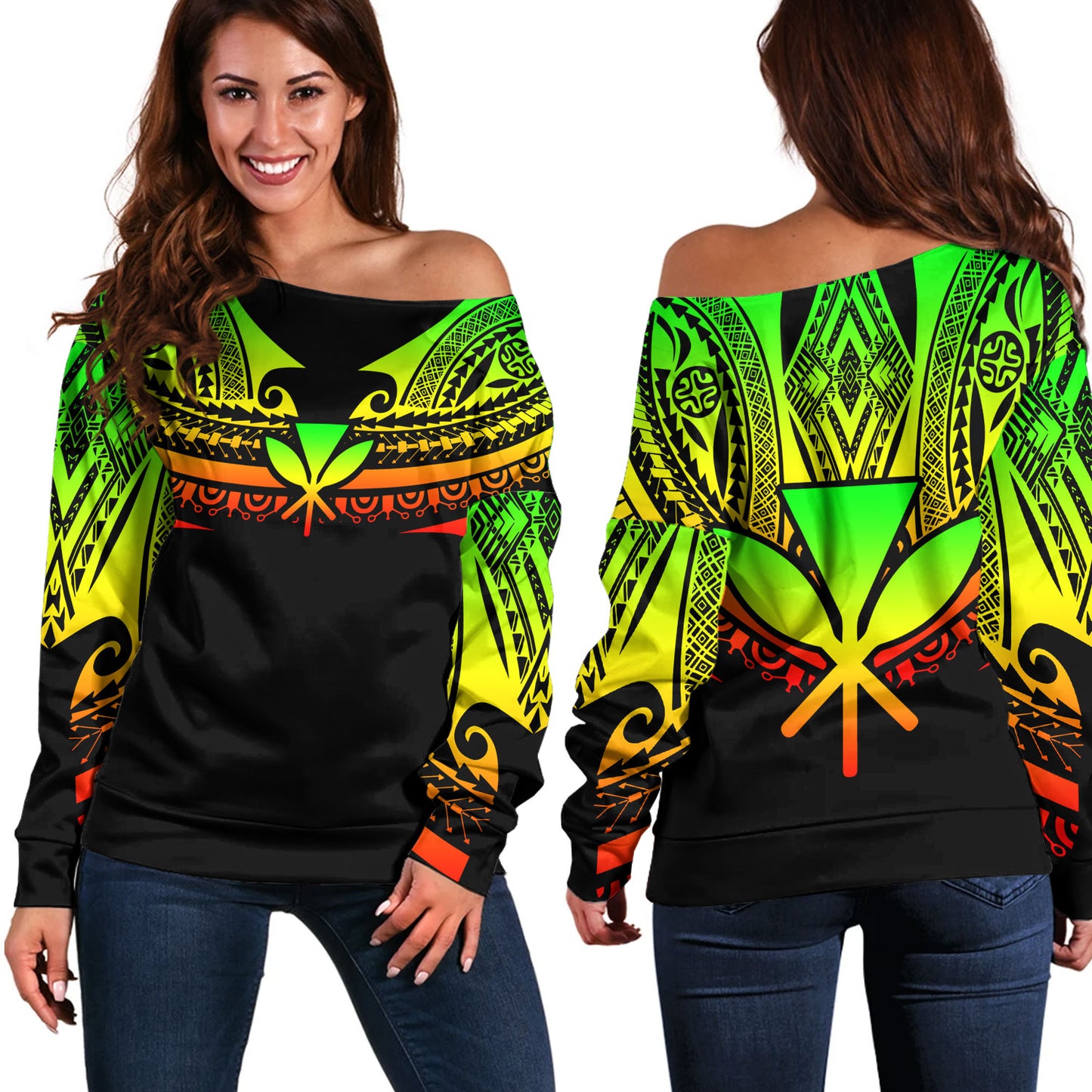 Hawaii Custom Personalised Off Shoulder Sweatshirt Polynesian Tattoo Style