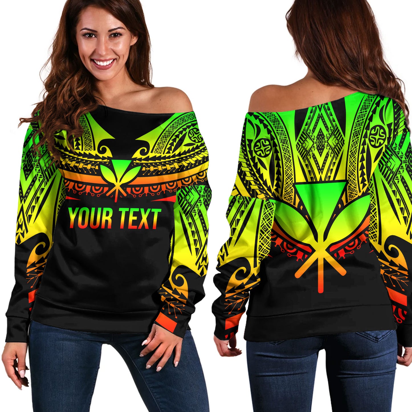 Hawaii Custom Personalised Off Shoulder Sweatshirt Polynesian Tattoo Style