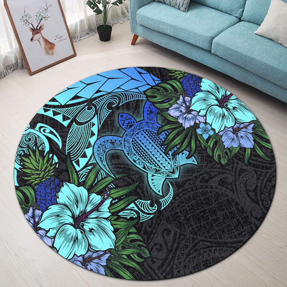 Hawaii Round Rug Hawaii Polynesian Turtle Tropical Blue Gardient Blue