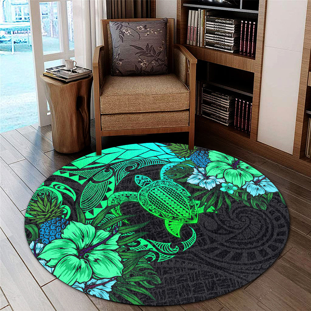 Hawaii Round Rug Hawaii Polynesian Turtle Tropical Gardient Green