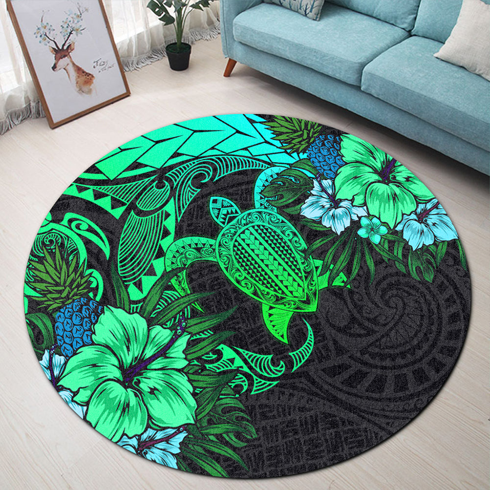 Hawaii Round Rug Hawaii Polynesian Turtle Tropical Gardient Green