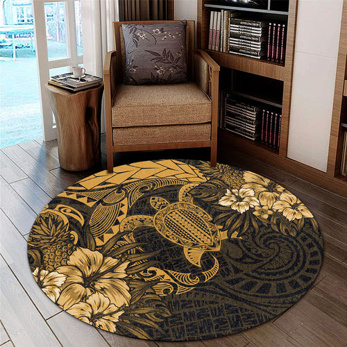 Hawaii Round Rug Hawaii Polynesian Turtle Tropical Golden