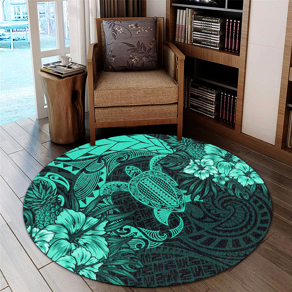 Hawaii Round Rug Hawaii Polynesian Turtle Tropical Patina Green