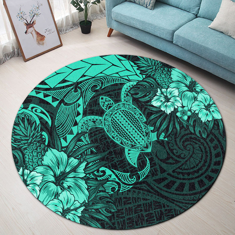 Hawaii Round Rug Hawaii Polynesian Turtle Tropical Patina Green