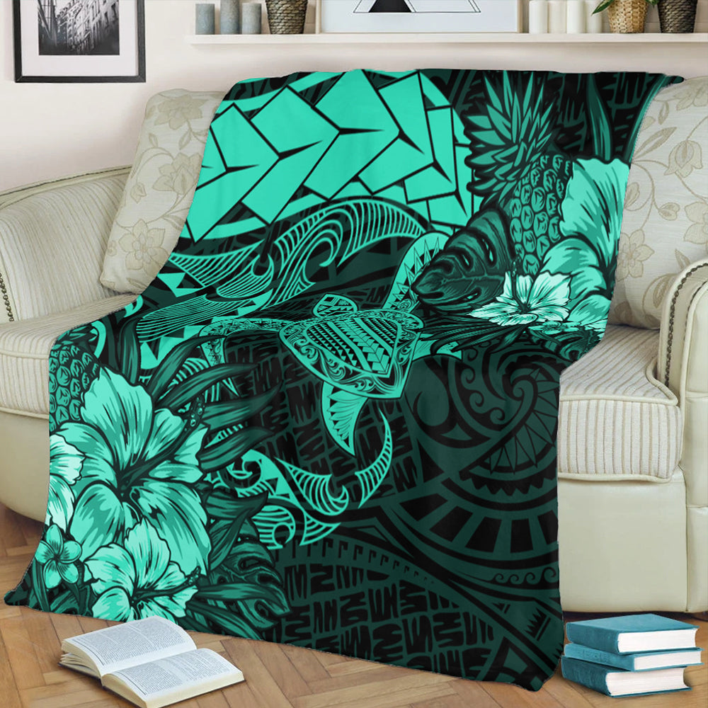Hawaii Premium Blanket Hawaii Polynesian Turtle Tropical Patina Green
