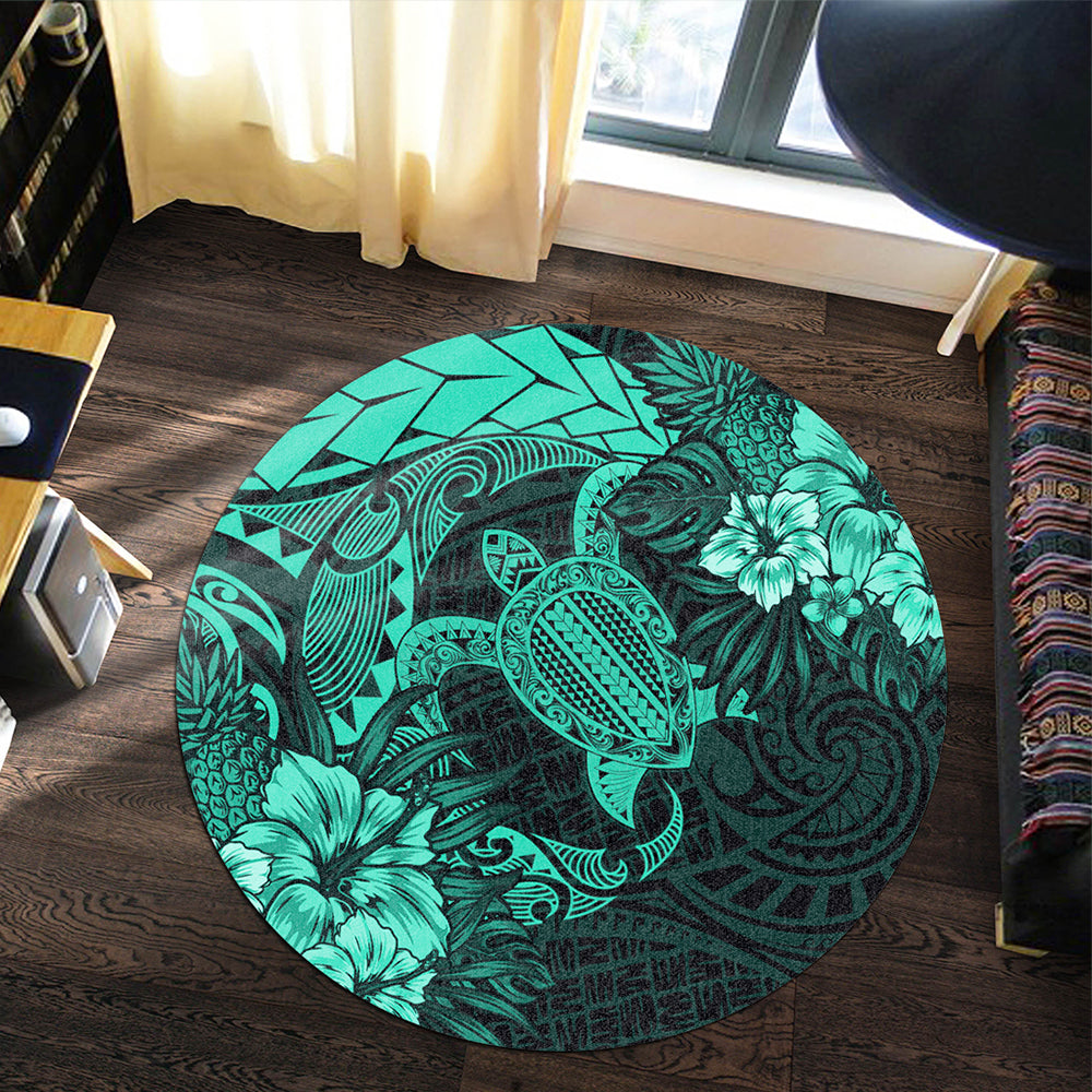 Hawaii Round Rug Hawaii Polynesian Turtle Tropical Patina Green