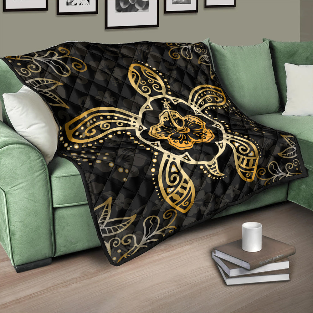 Hawaii Premium Quilt Golden Hibiscus And Turtle