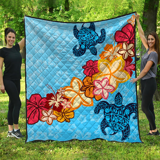 Hawaii Premium Quilt Turtle Hibiscus Pattern Blue