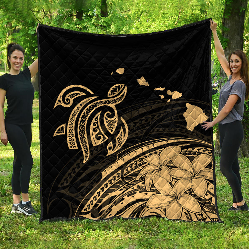 Hawaii Premium Quilt Turtle Polynesian Map Plumeria Gold