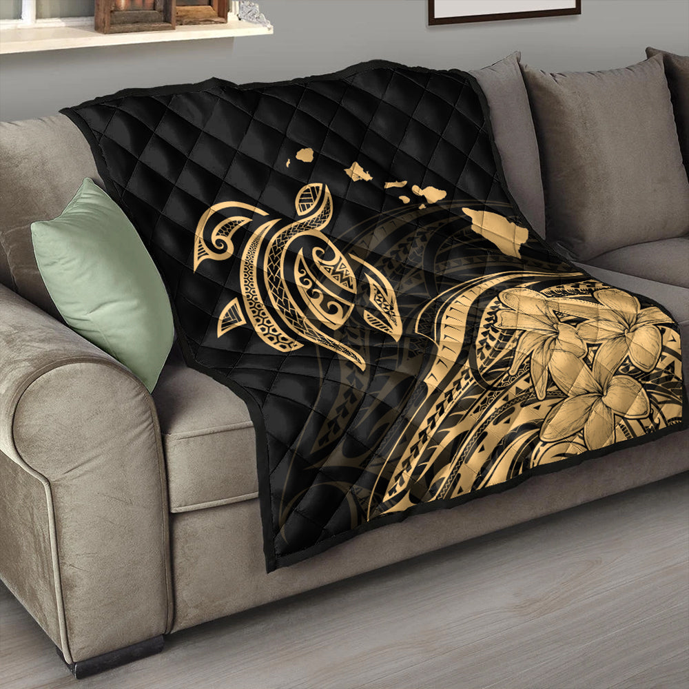 Hawaii Premium Quilt Turtle Polynesian Map Plumeria Gold