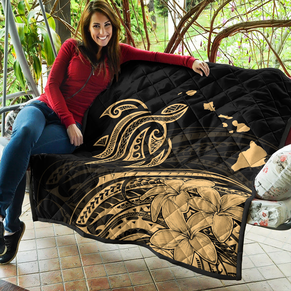 Hawaii Premium Quilt Turtle Polynesian Map Plumeria Gold