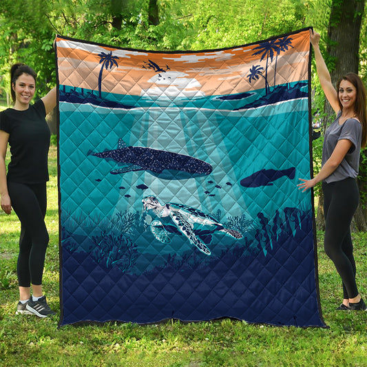 Hawaii Premium Quilt Whale And Turtle In Sunset Polynesian