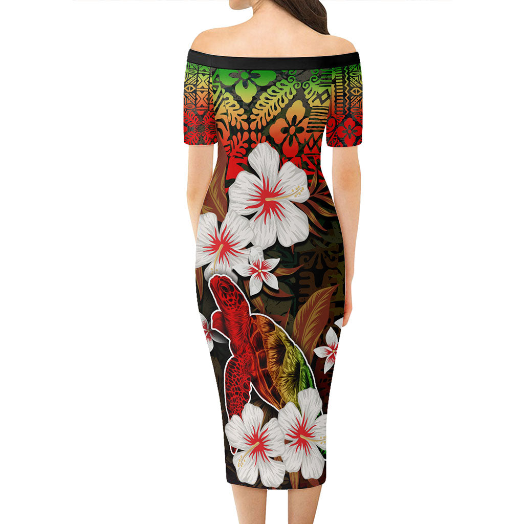 Hawaii Short Sleeve Off The Shoulder Lady Dress Turtle Tropical Style Reggae