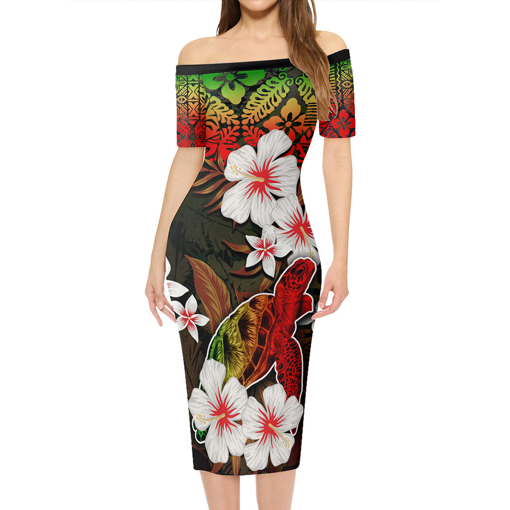 Hawaii Short Sleeve Off The Shoulder Lady Dress Turtle Tropical Style Reggae