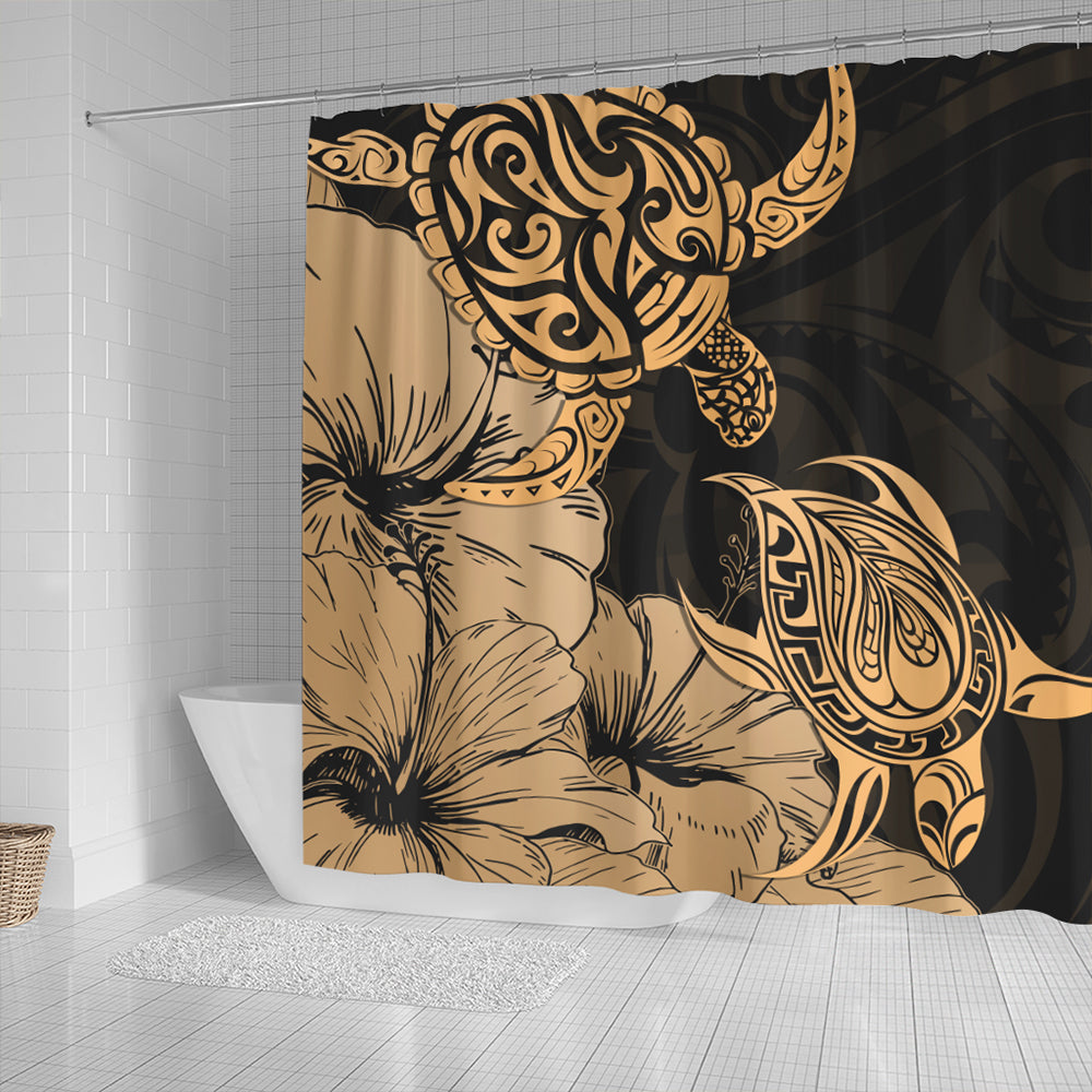 Hawaii Turtle Shower Curtain Polynesian Hibiscus Art Gold