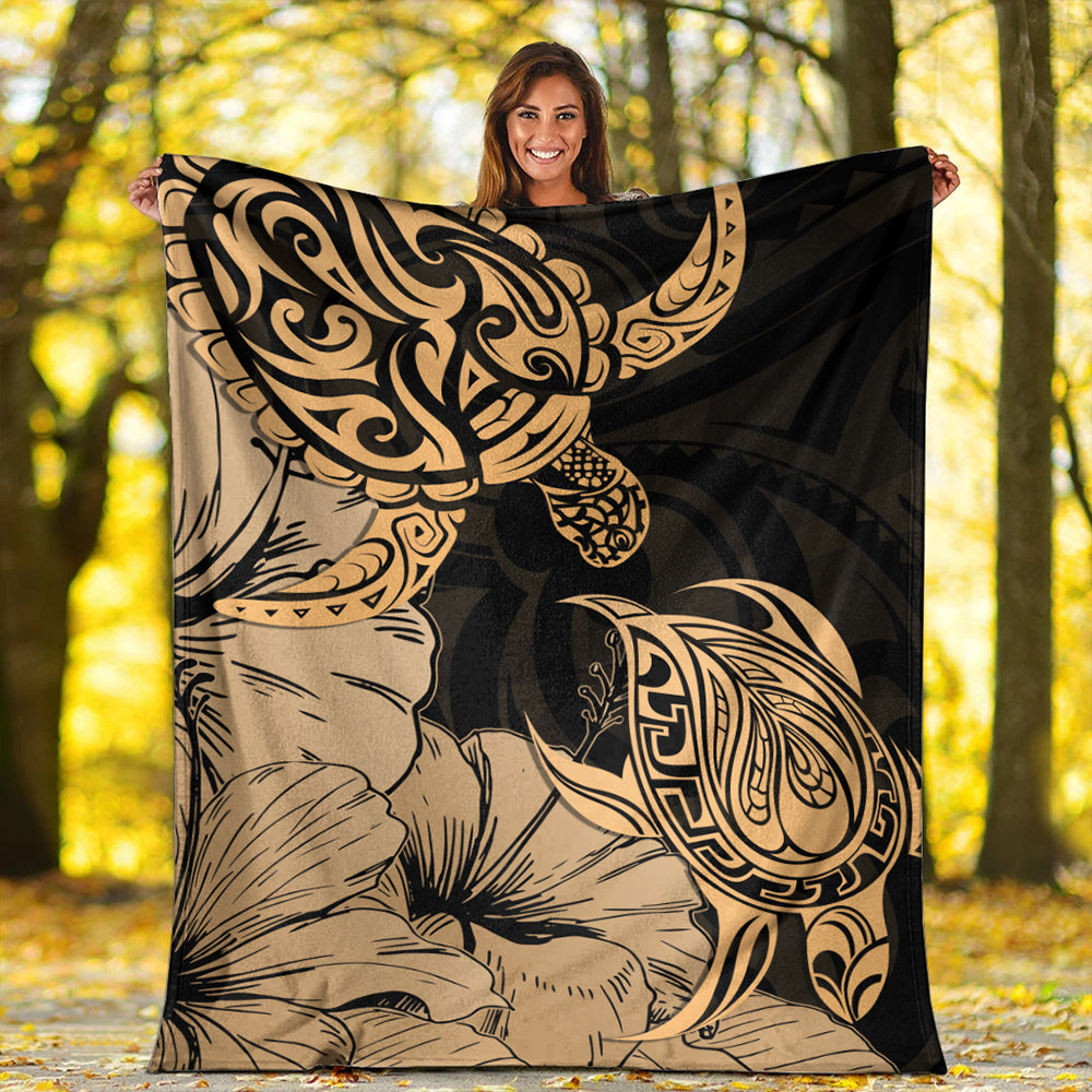 Hawaii Turtle Premium Blanket Polynesian Hibiscus Art Gold