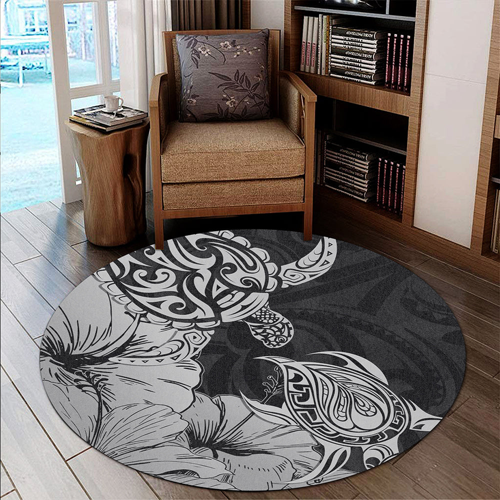 Hawaii Turtle Round Rug Polynesian Hibiscus Art Gray