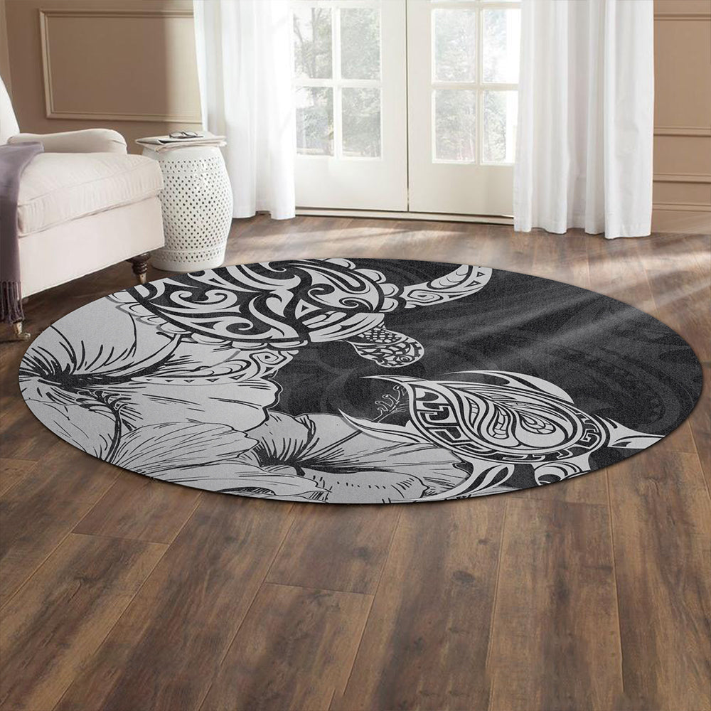 Hawaii Turtle Round Rug Polynesian Hibiscus Art Gray
