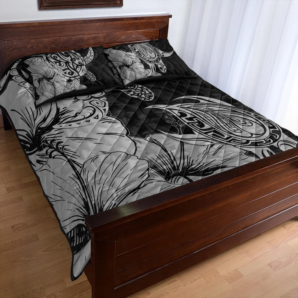 Hawaii Turtle Quilt Bed Set Polynesian Hibiscus Art Gray