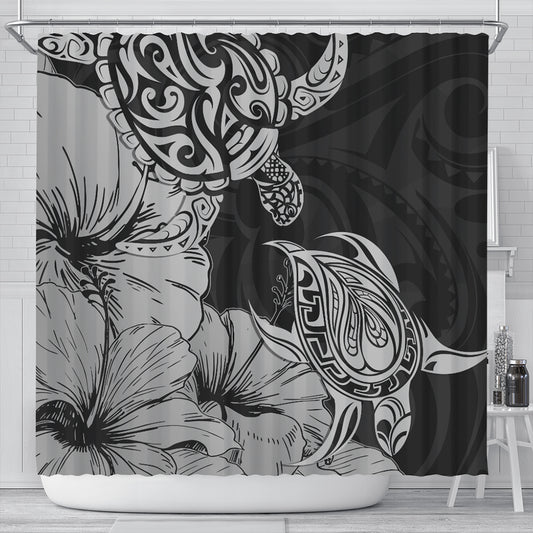 Hawaii Turtle Shower Curtain Polynesian Hibiscus Art Gray