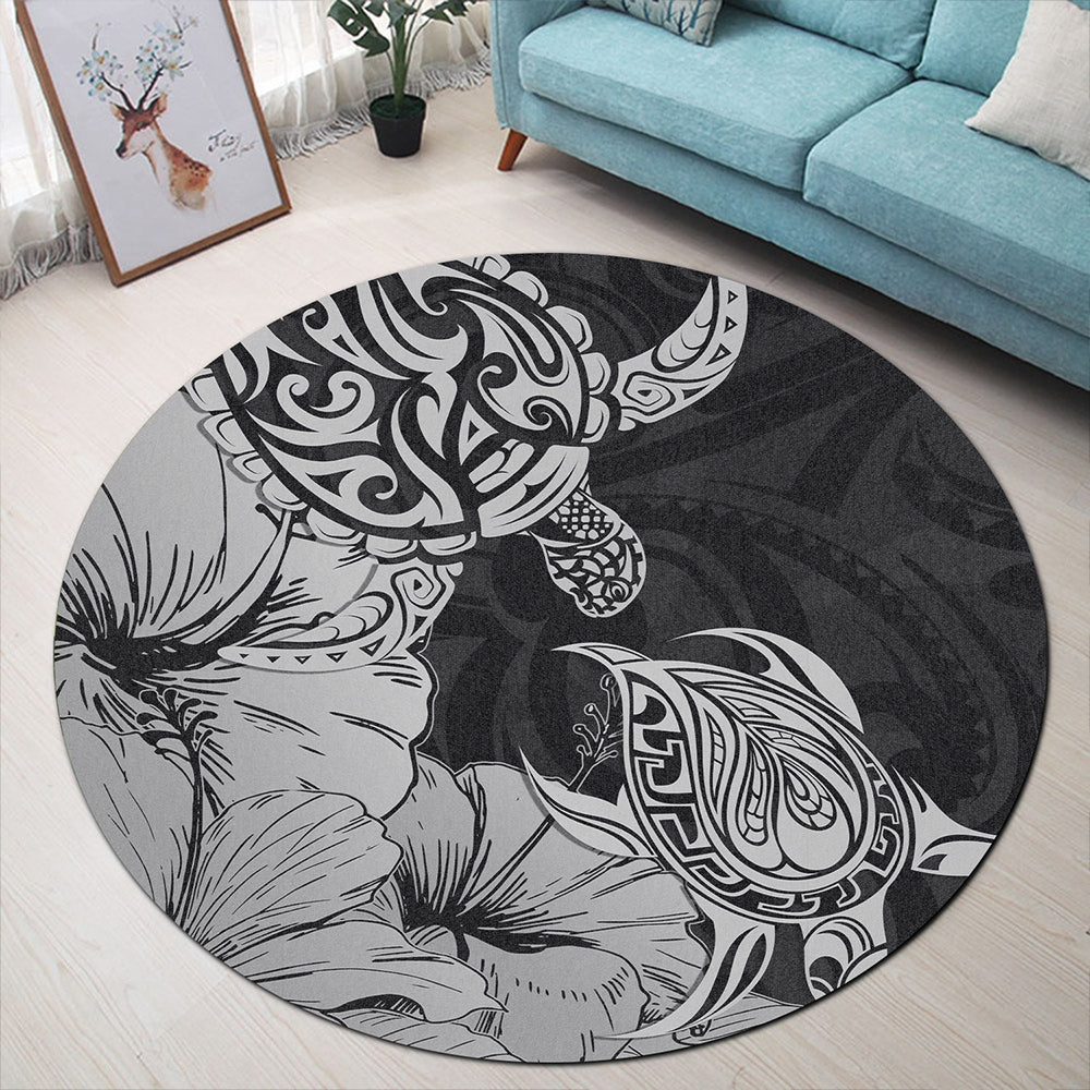 Hawaii Turtle Round Rug Polynesian Hibiscus Art Gray
