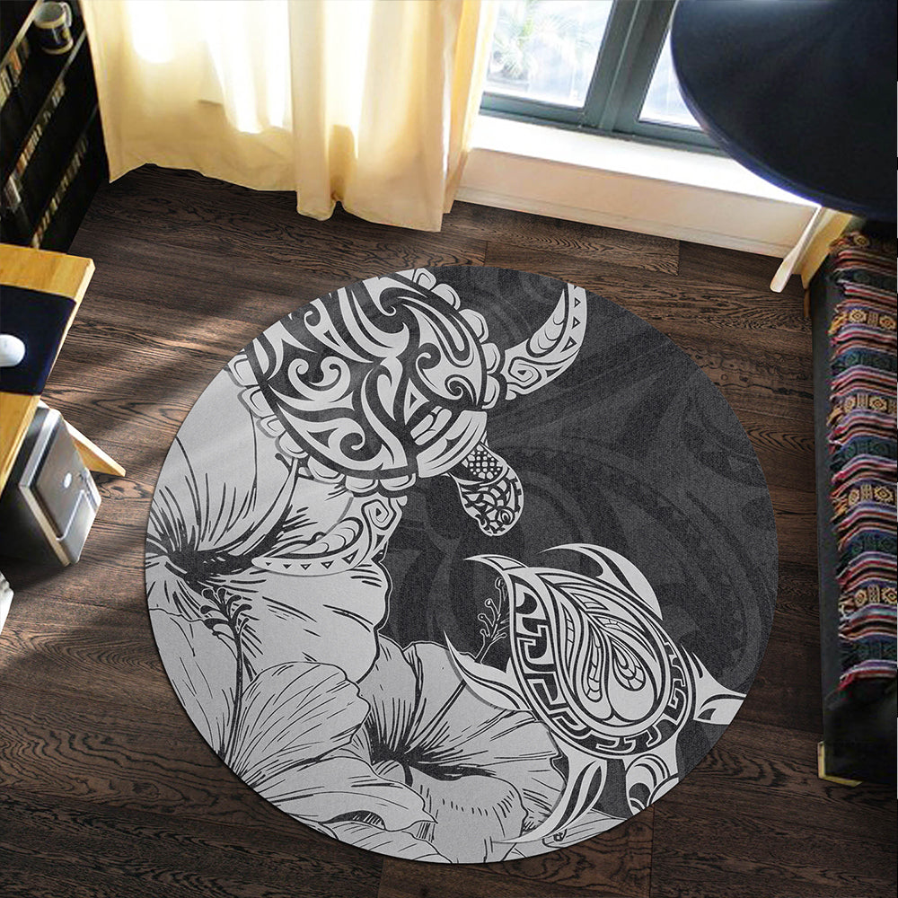 Hawaii Turtle Round Rug Polynesian Hibiscus Art Gray
