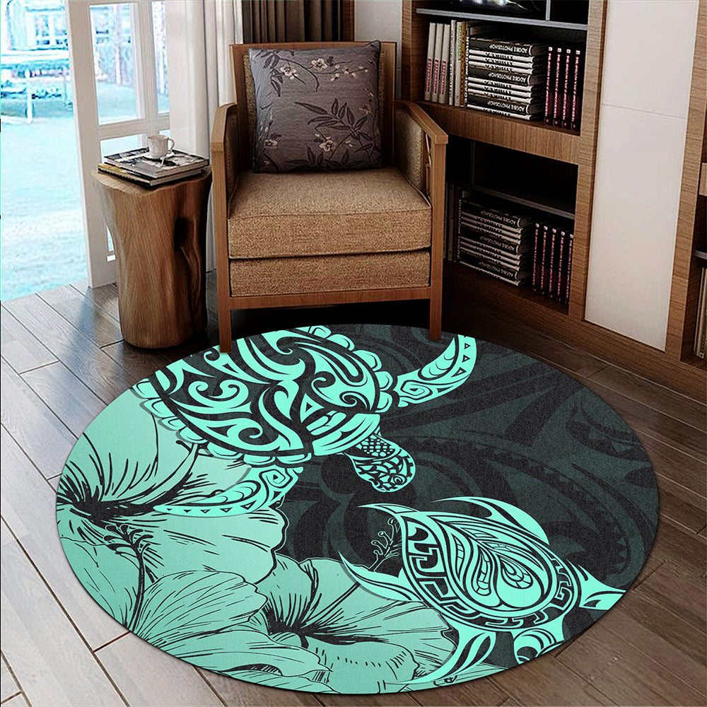 Hawaii Turtle Round Rug Polynesian Hibiscus Art Turquoise