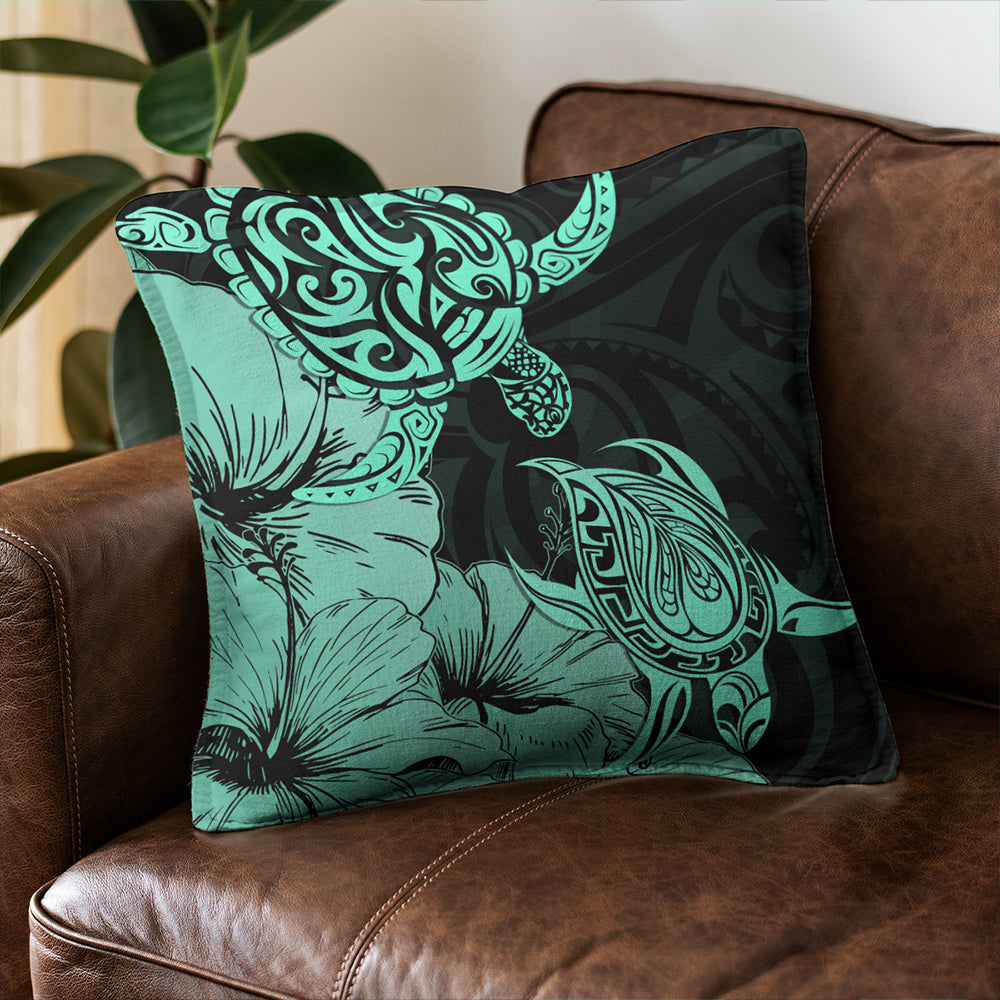 Hawaii Turtle Pillow Cover Polynesian Hibiscus Art Turquoise