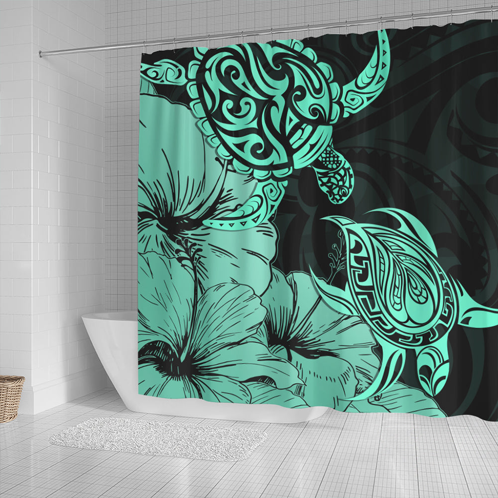 Hawaii Turtle Shower Curtain Polynesian Hibiscus Art Turquoise