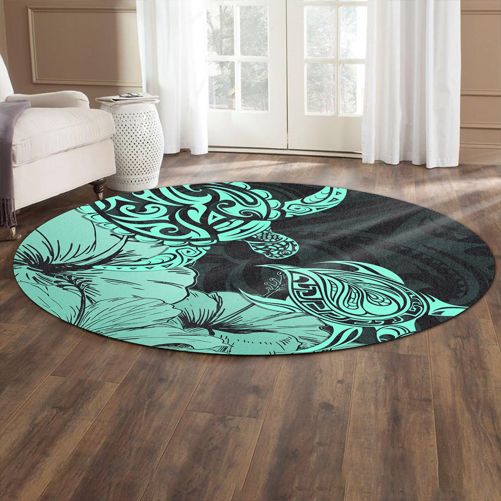 Hawaii Turtle Round Rug Polynesian Hibiscus Art Turquoise