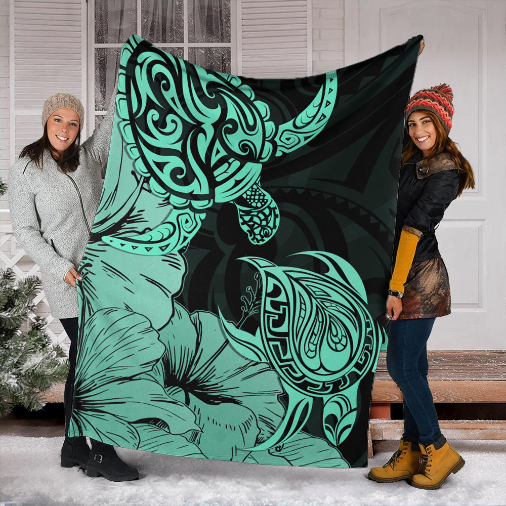 Hawaii Turtle Premium Blanket Polynesian Hibiscus Art Turquoise