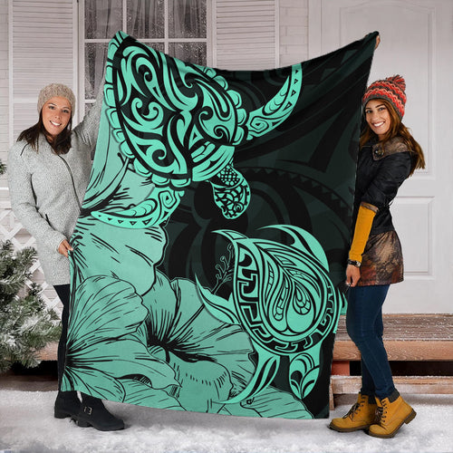 Hawaii Turtle Premium Blanket Polynesian Hibiscus Art Turquoise