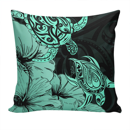 Hawaii Turtle Pillow Cover Polynesian Hibiscus Art Turquoise