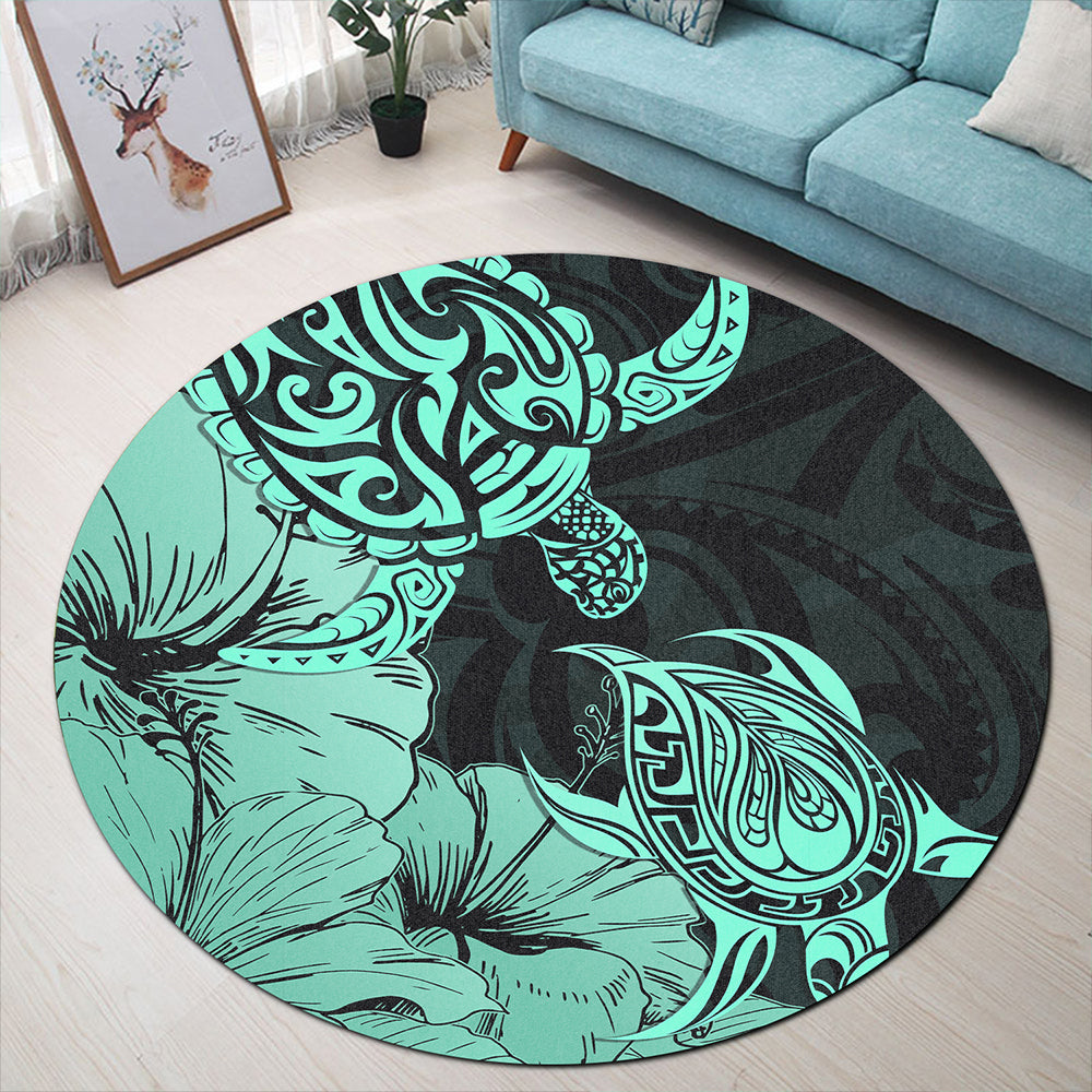 Hawaii Turtle Round Rug Polynesian Hibiscus Art Turquoise