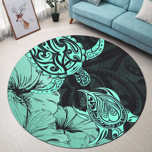 Hawaii Turtle Round Rug Polynesian Hibiscus Art Turquoise