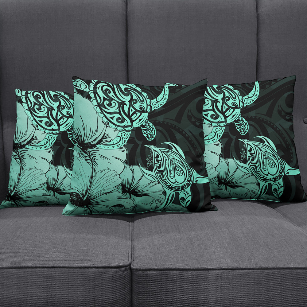 Hawaii Turtle Pillow Cover Polynesian Hibiscus Art Turquoise