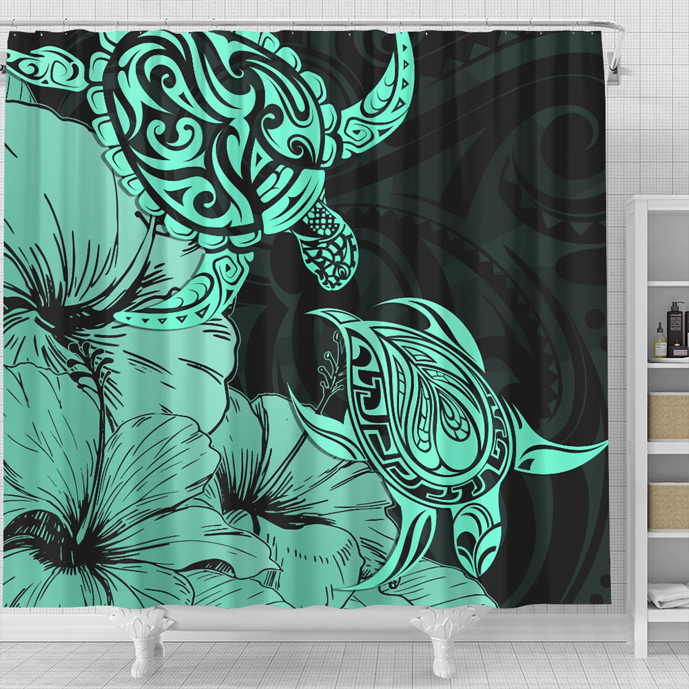 Hawaii Turtle Shower Curtain Polynesian Hibiscus Art Turquoise
