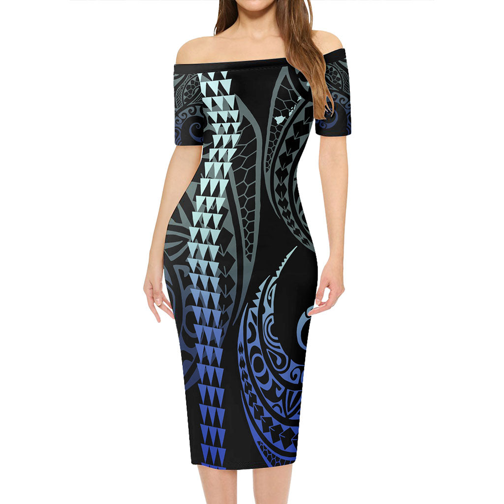 Hawaii Combo Short Sleeve Dress And Shirt Kakau Style Gradient Blue