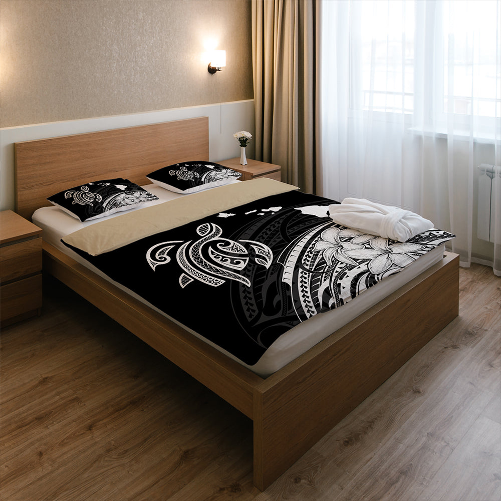 Hawaii Bedding Set Turtle Polynesian Map Plumeria White