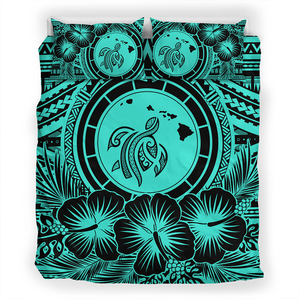 Hawaii Bedding Set Map Honu Hibiscus Polynesian Turquoise