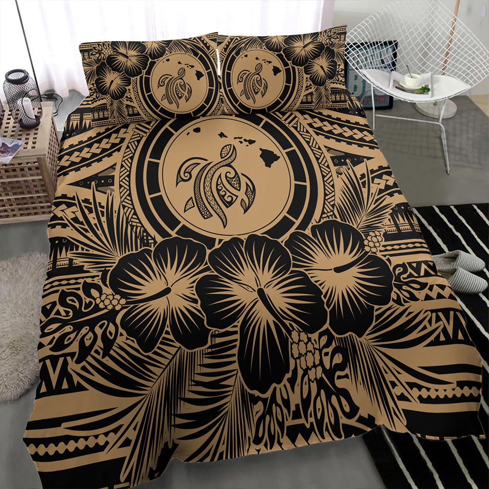 Hawaii Bedding Set Map Honu Hibiscus Polynesian Gold