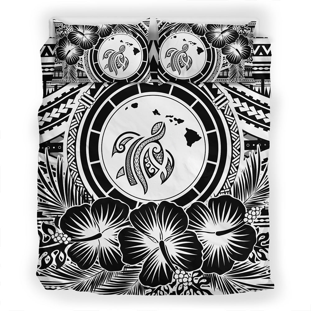 Hawaii Bedding Set Map Honu Hibiscus Polynesian White