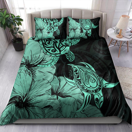 Hawaii Turtle Bedding Set Polynesian Hibiscus Art Turquoise